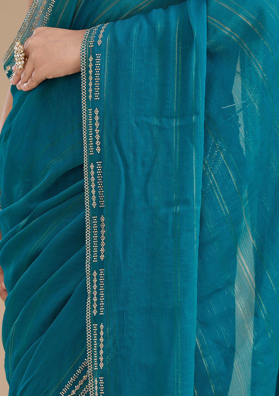 Peacock Blue Stonework (Gold) Chiffon Saree