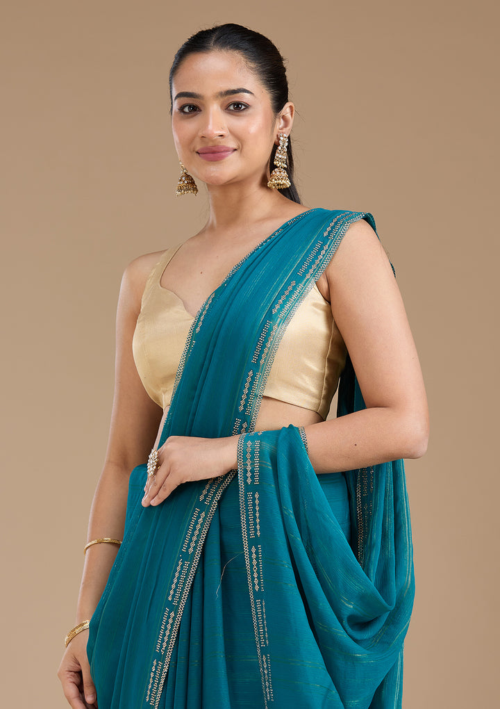 Peacock Blue Stonework (Gold) Chiffon Saree