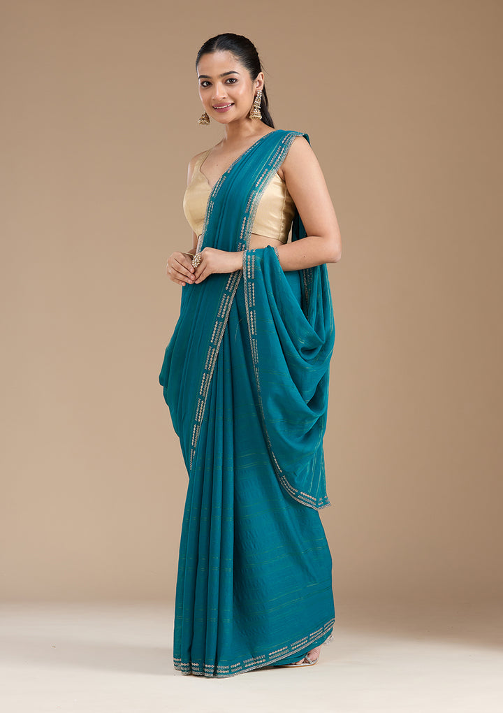 Peacock Blue Stonework (Gold) Chiffon Saree