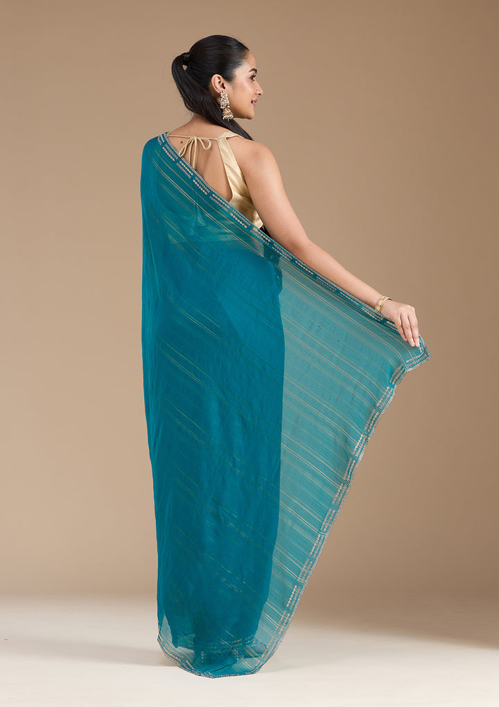 Peacock Blue Stonework (Gold) Chiffon Saree