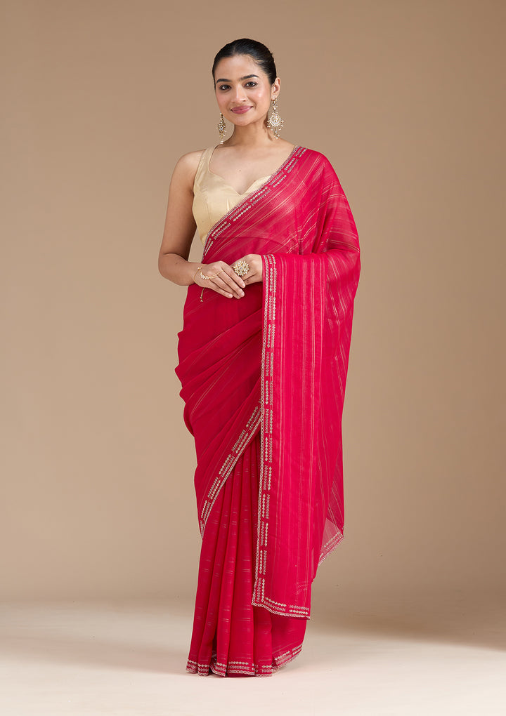 Rani Pink Stonework (Gold) Chiffon Saree