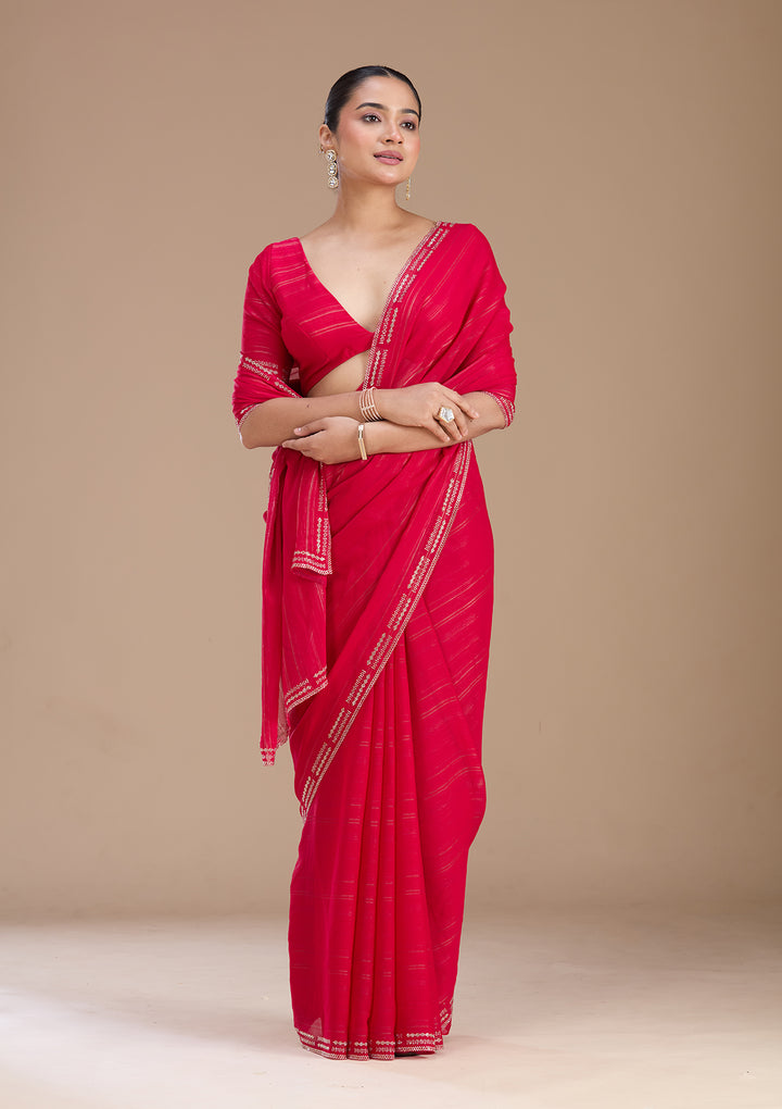 Rani Pink Stonework (Gold) Chiffon Saree
