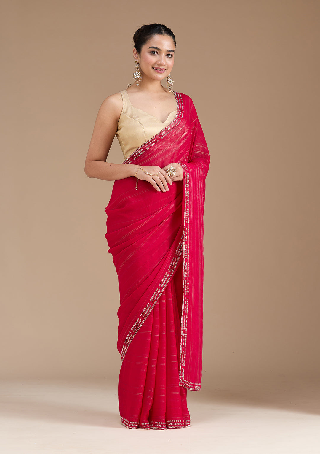 Rani Pink Stonework (Gold) Chiffon Saree