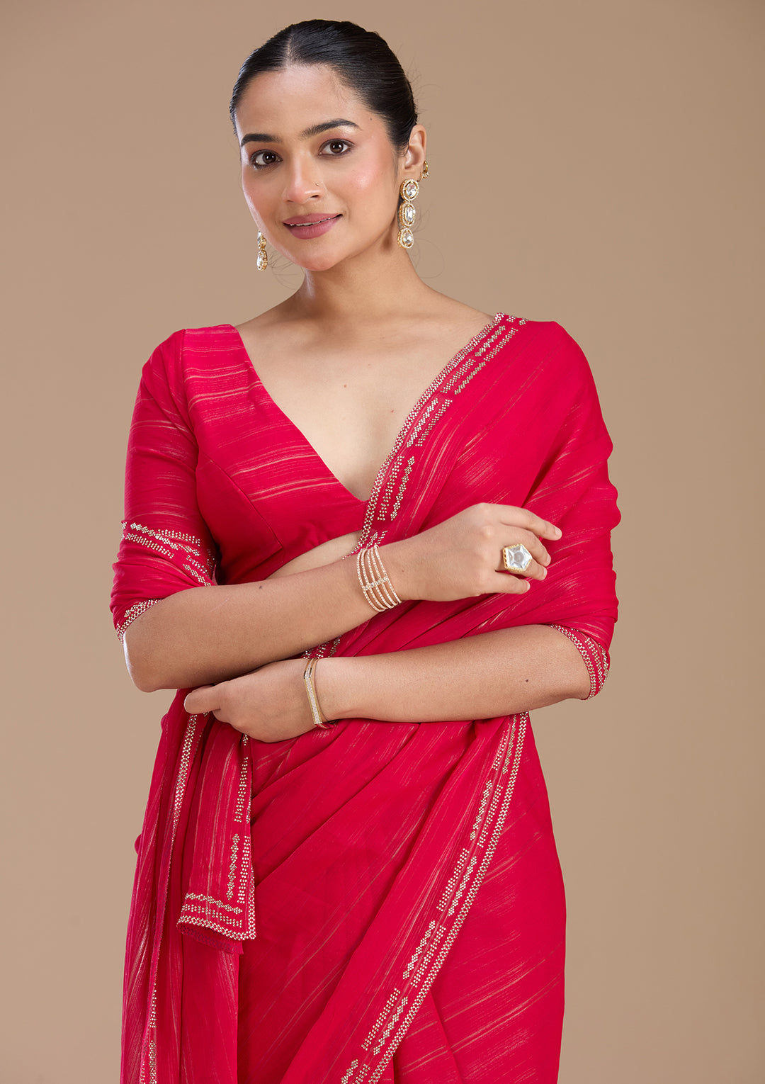 Rani Pink Stonework (Gold) Chiffon Saree