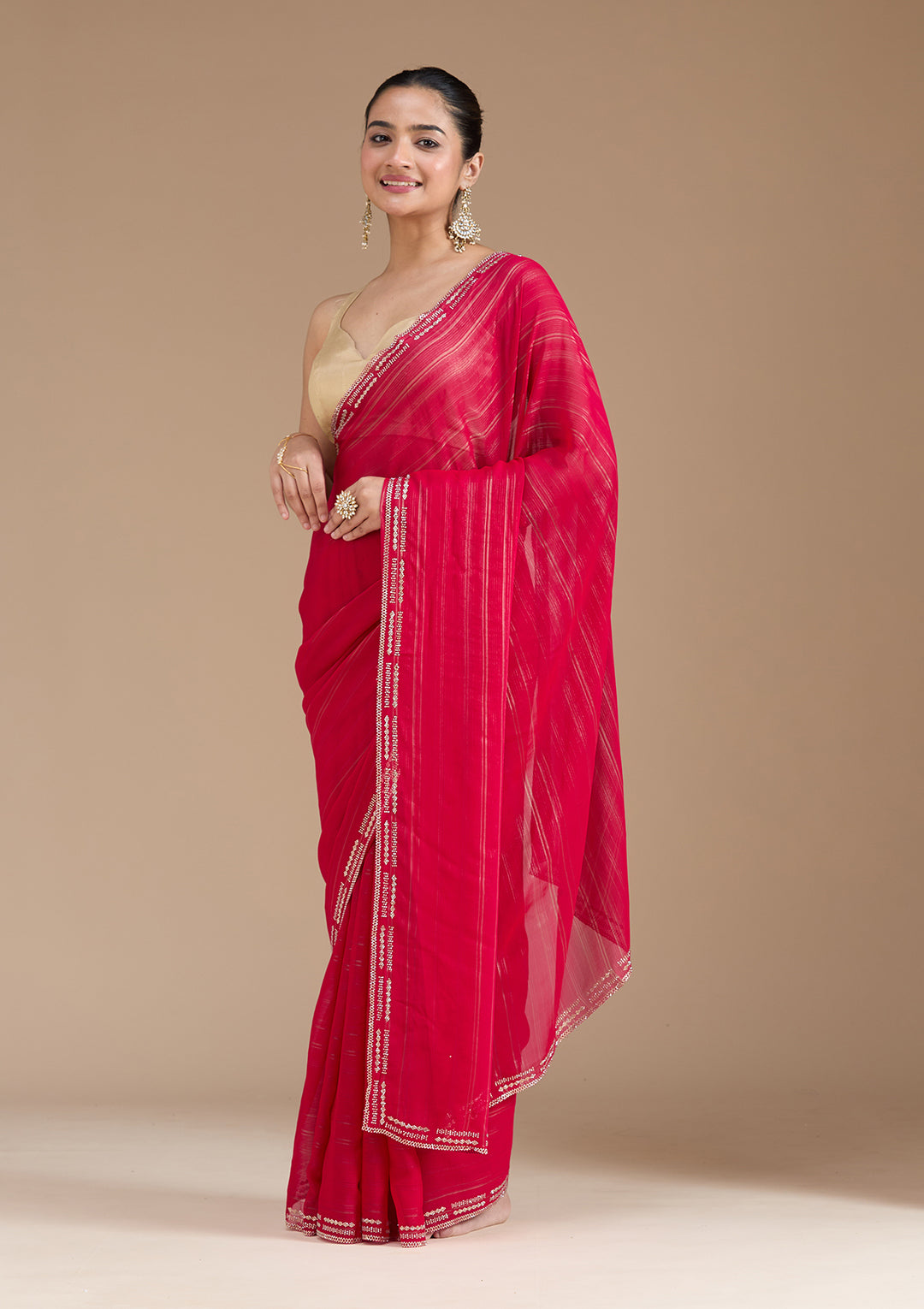 Rani Pink Stonework (Gold) Chiffon Saree