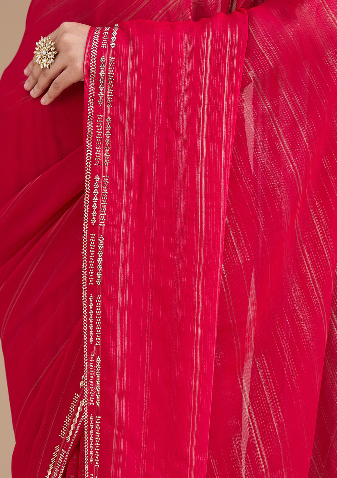 Rani Pink Stonework (Gold) Chiffon Saree