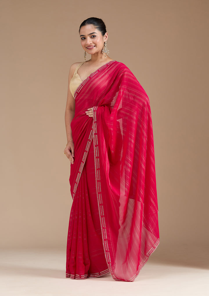 Rani Pink Stonework (Gold) Chiffon Saree
