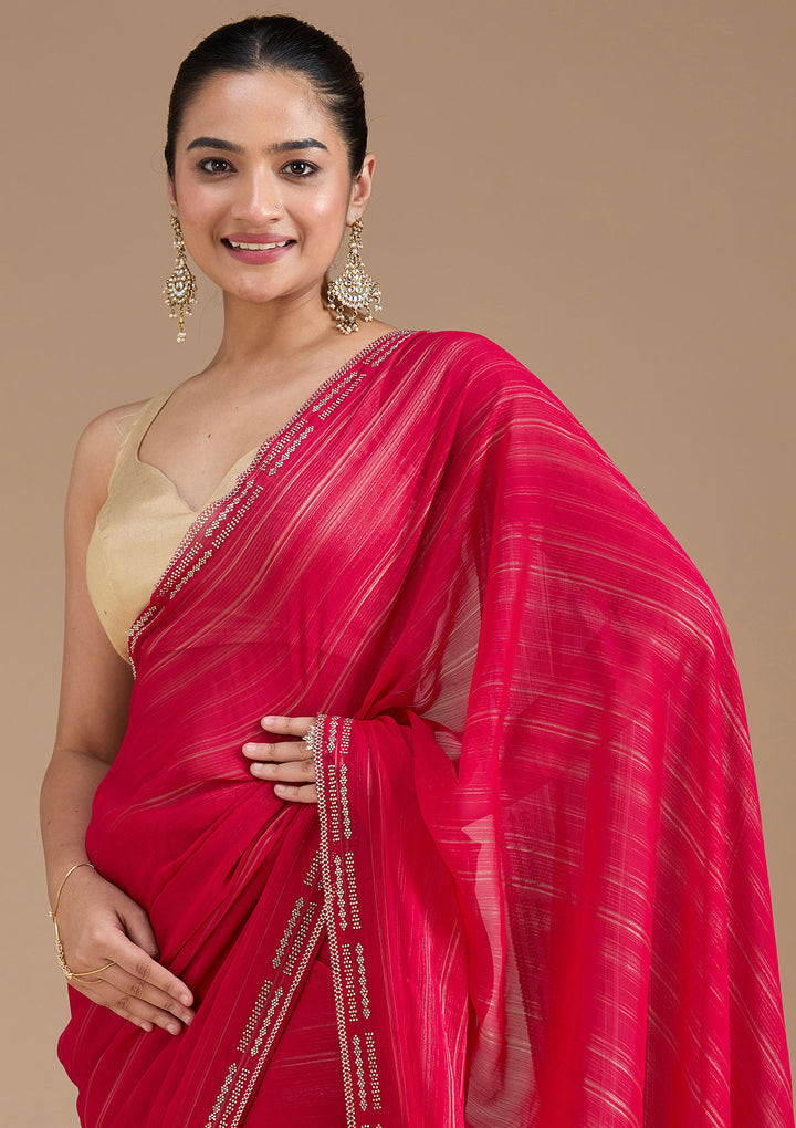 Rani Pink Stonework (Gold) Chiffon Saree