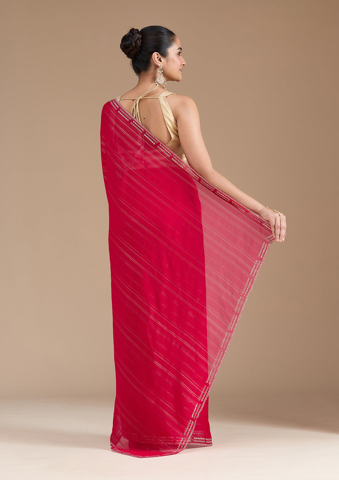 Rani Pink Stonework (Gold) Chiffon Saree