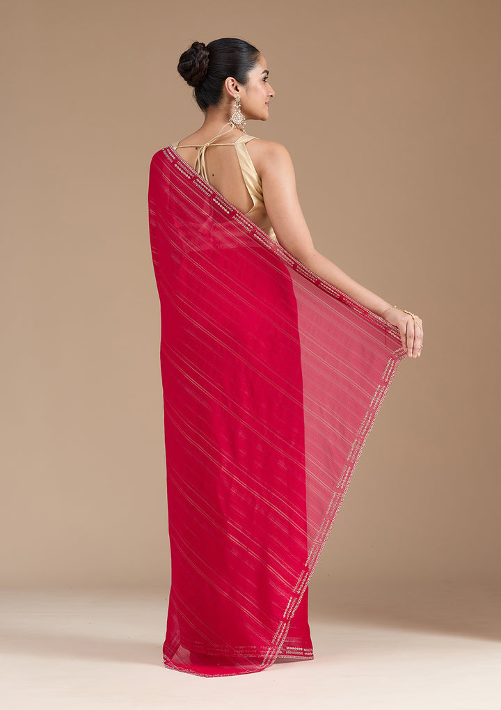 Rani Pink Stonework (Gold) Chiffon Saree
