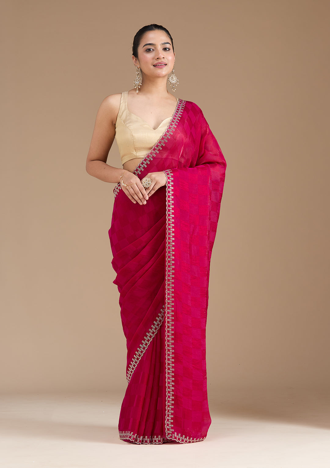 Magenta Pink Stonework (Gold) Tissue Saree