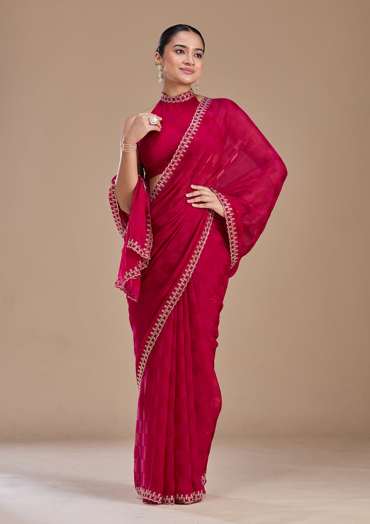 Magenta Pink Stonework (Gold) Tissue Saree