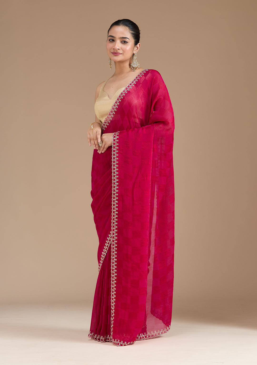 Magenta Pink Stonework (Gold) Tissue Saree