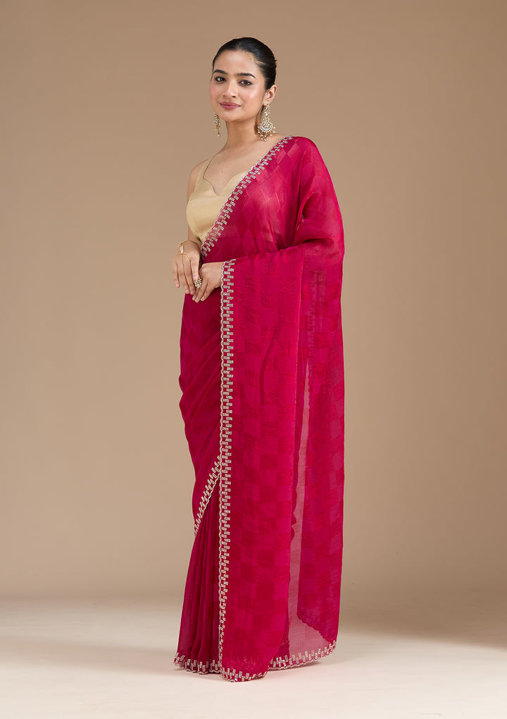 Magenta Pink Stonework (Gold) Tissue Saree