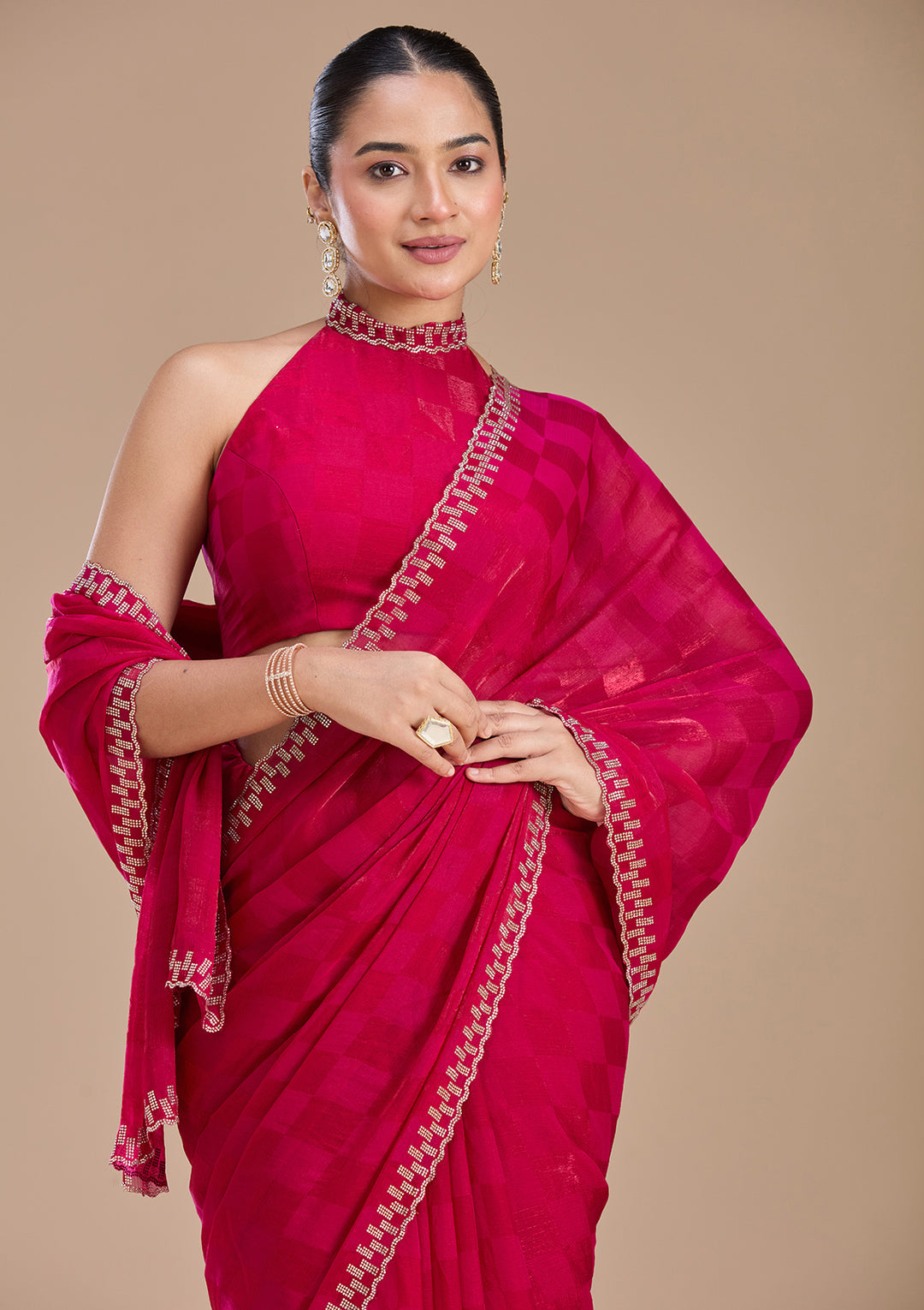 Magenta Pink Stonework (Gold) Tissue Saree