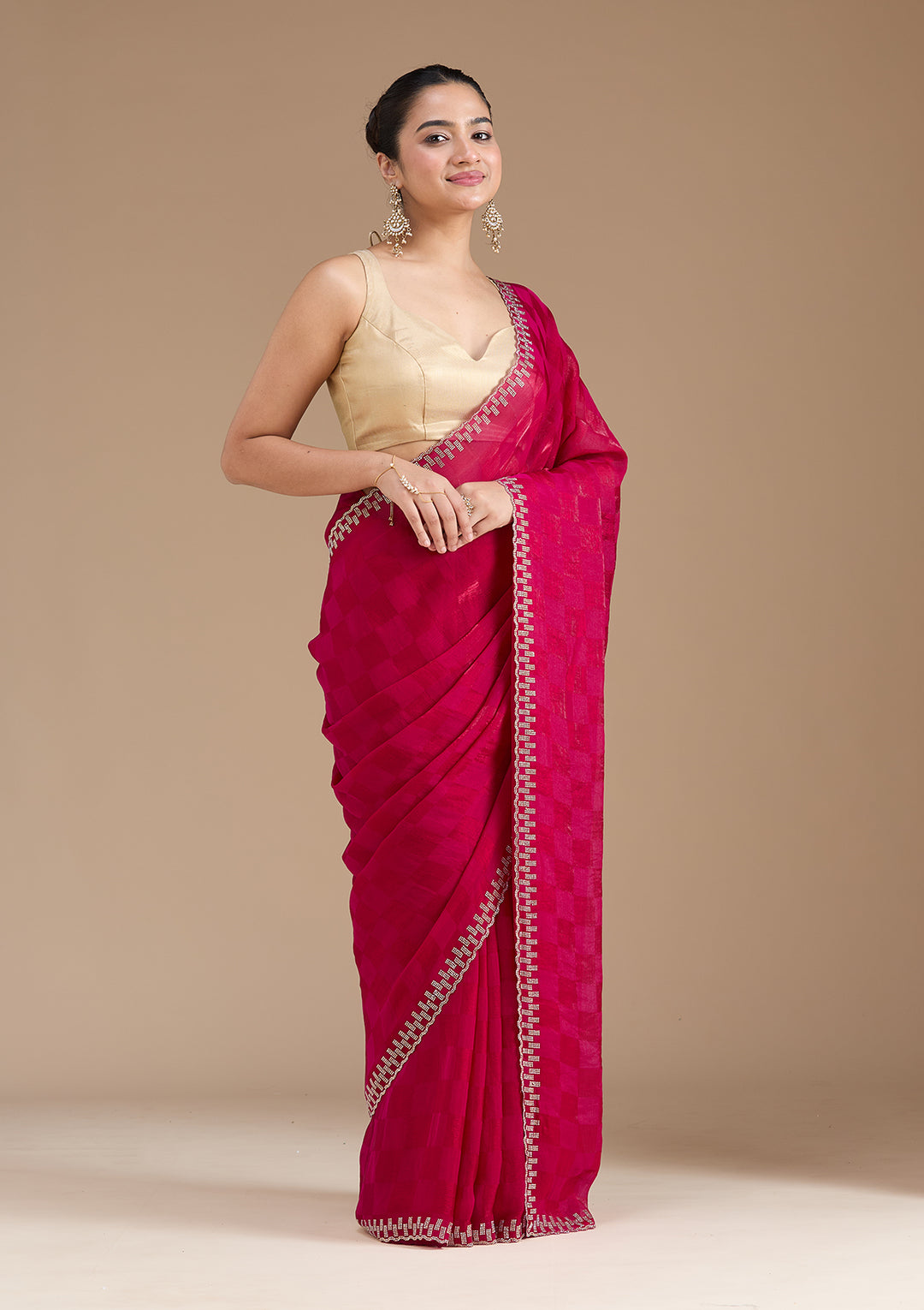 Magenta Pink Stonework (Gold) Tissue Saree