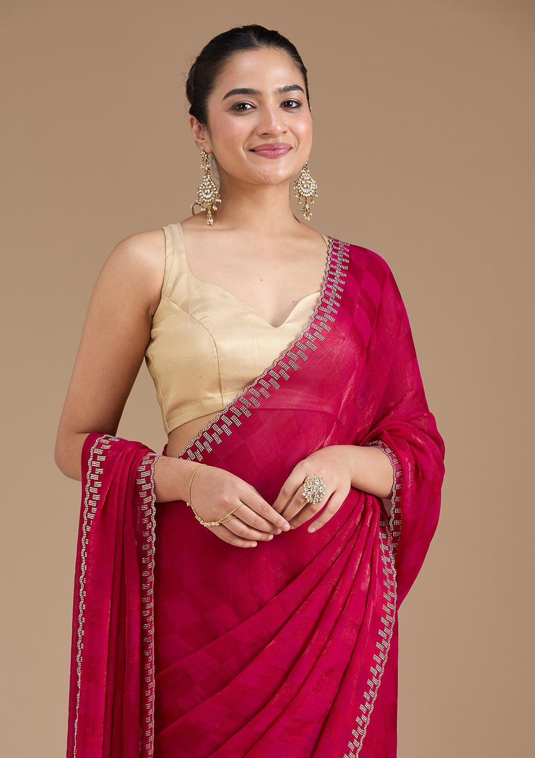 Magenta Pink Stonework (Gold) Tissue Saree