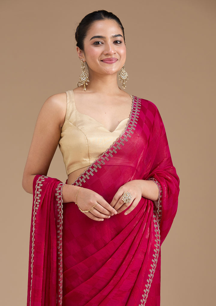 Magenta Pink Stonework (Gold) Tissue Saree