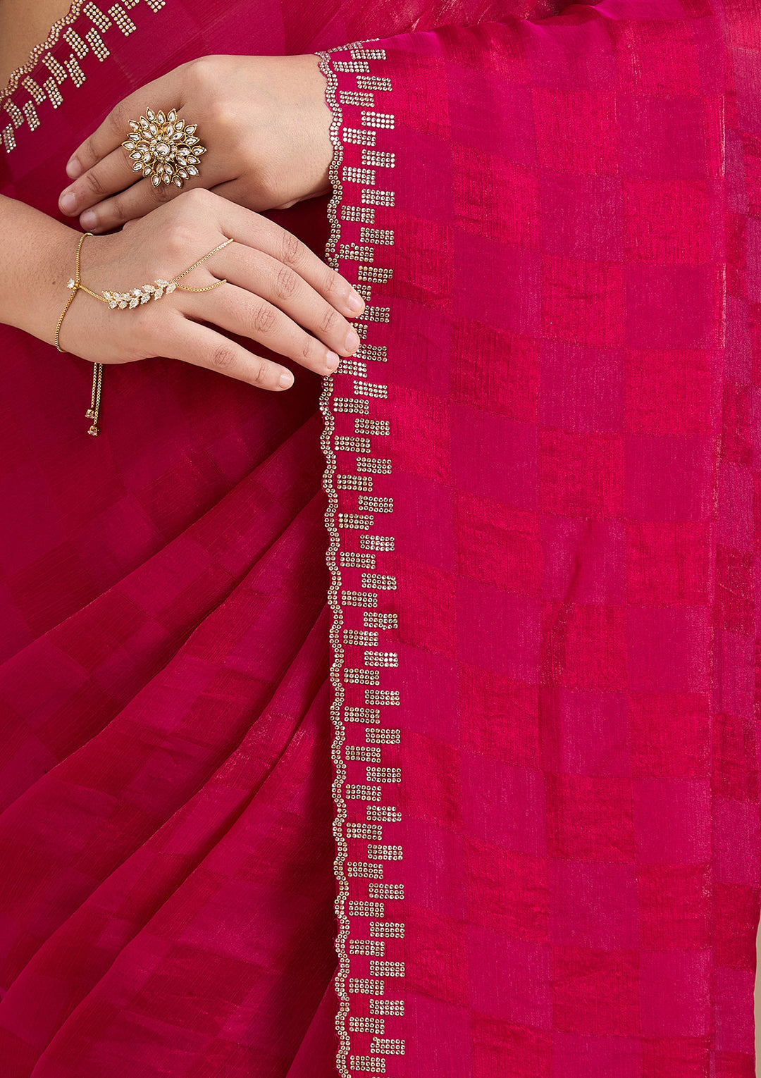 Magenta Pink Stonework (Gold) Tissue Saree