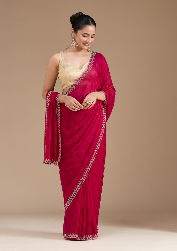 Magenta Pink Stonework (Gold) Tissue Saree