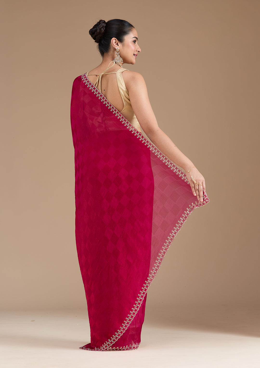 Magenta Pink Stonework (Gold) Tissue Saree