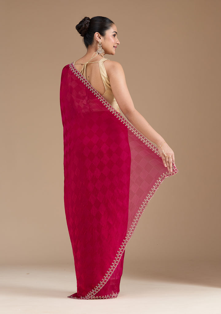 Magenta Pink Stonework (Gold) Tissue Saree