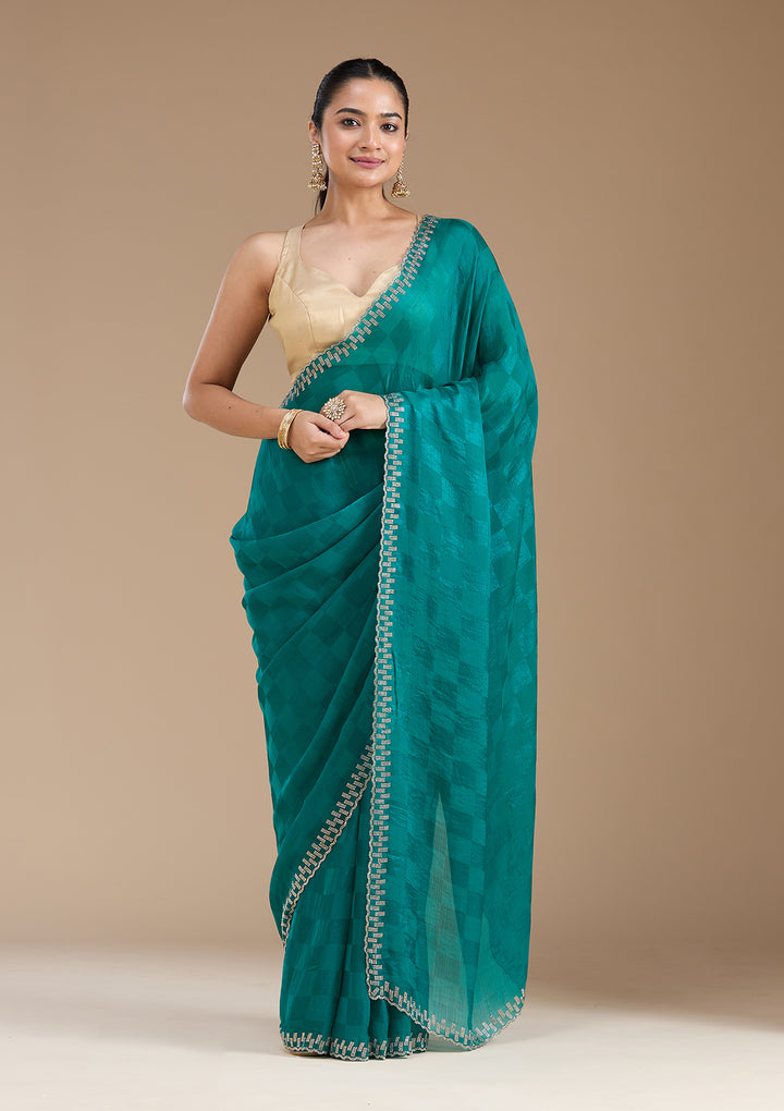 Rama Green Stonework (Gold) Tissue Saree