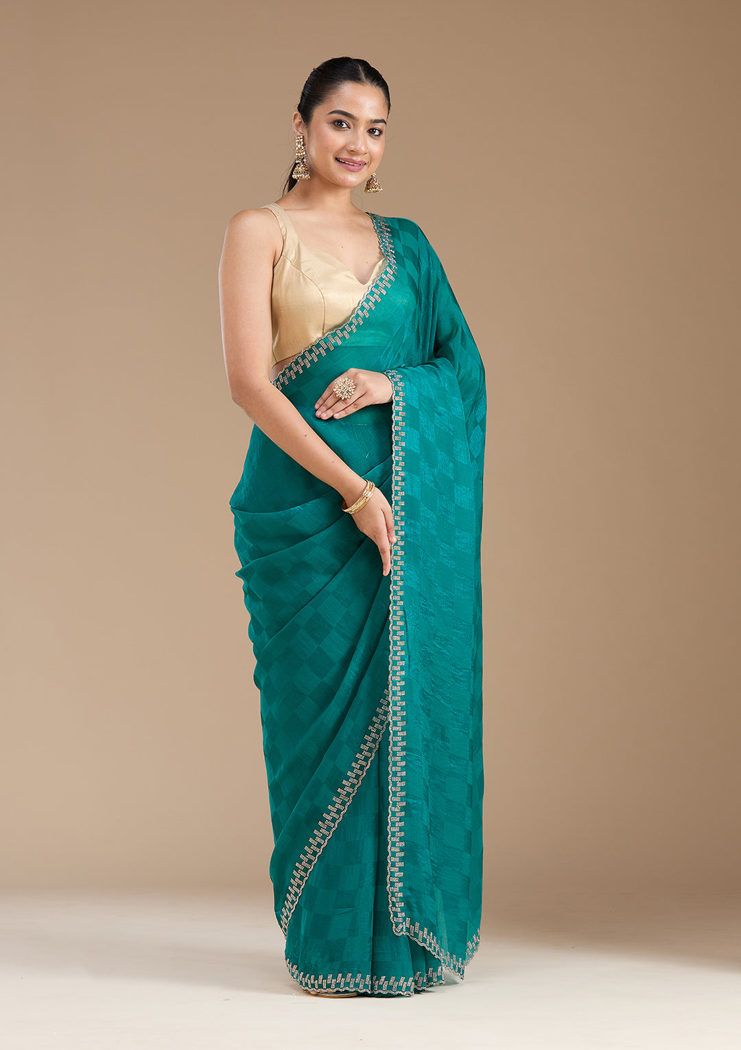 Rama Green Stonework (Gold) Tissue Saree