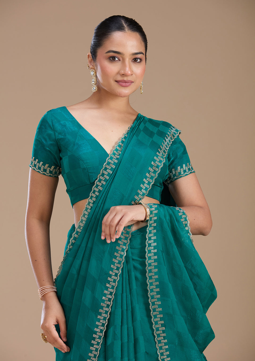 Rama Green Stonework (Gold) Tissue Saree