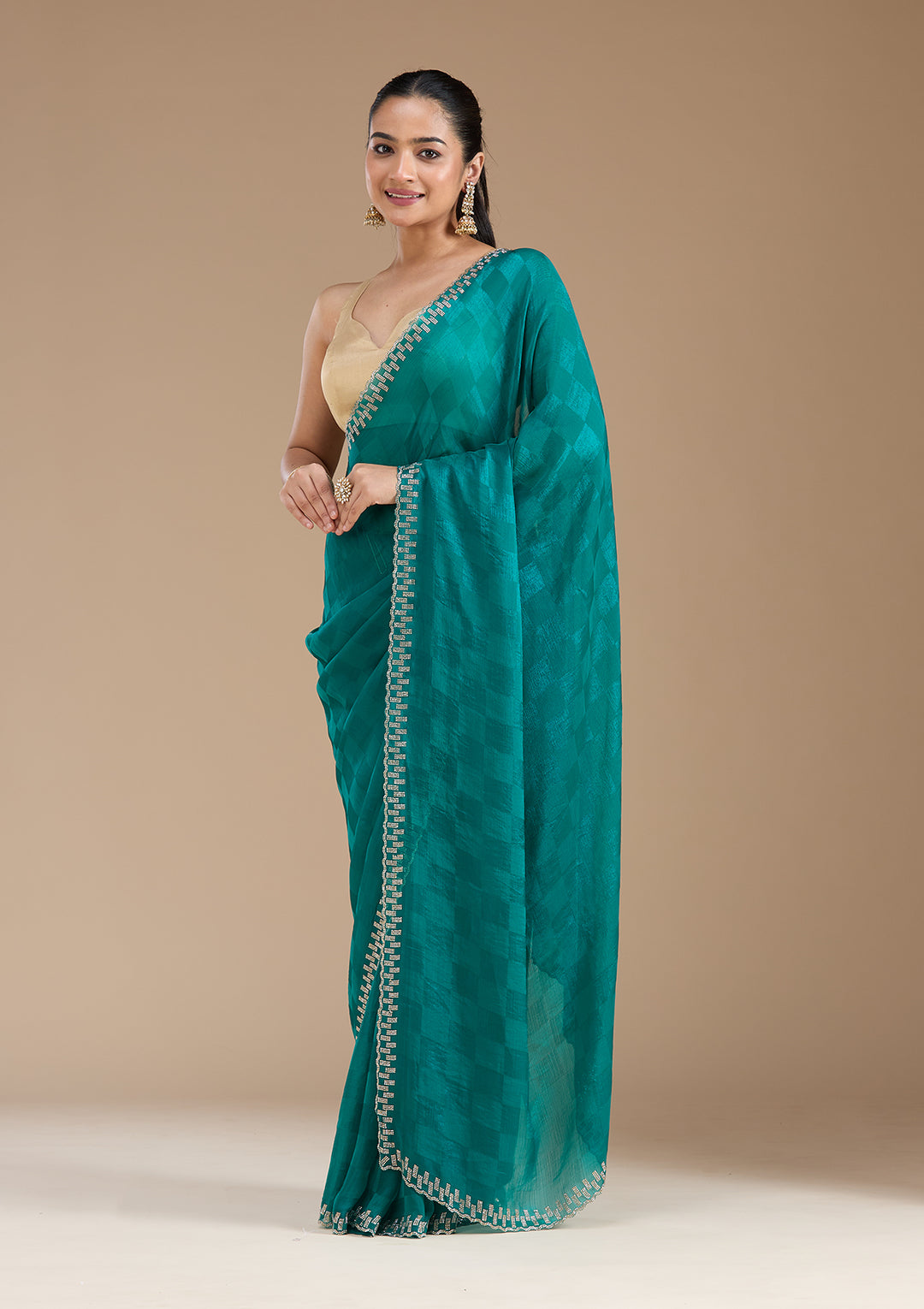 Rama Green Stonework (Gold) Tissue Saree