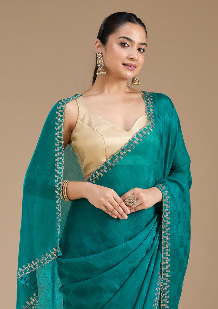 Rama Green Stonework (Gold) Tissue Saree