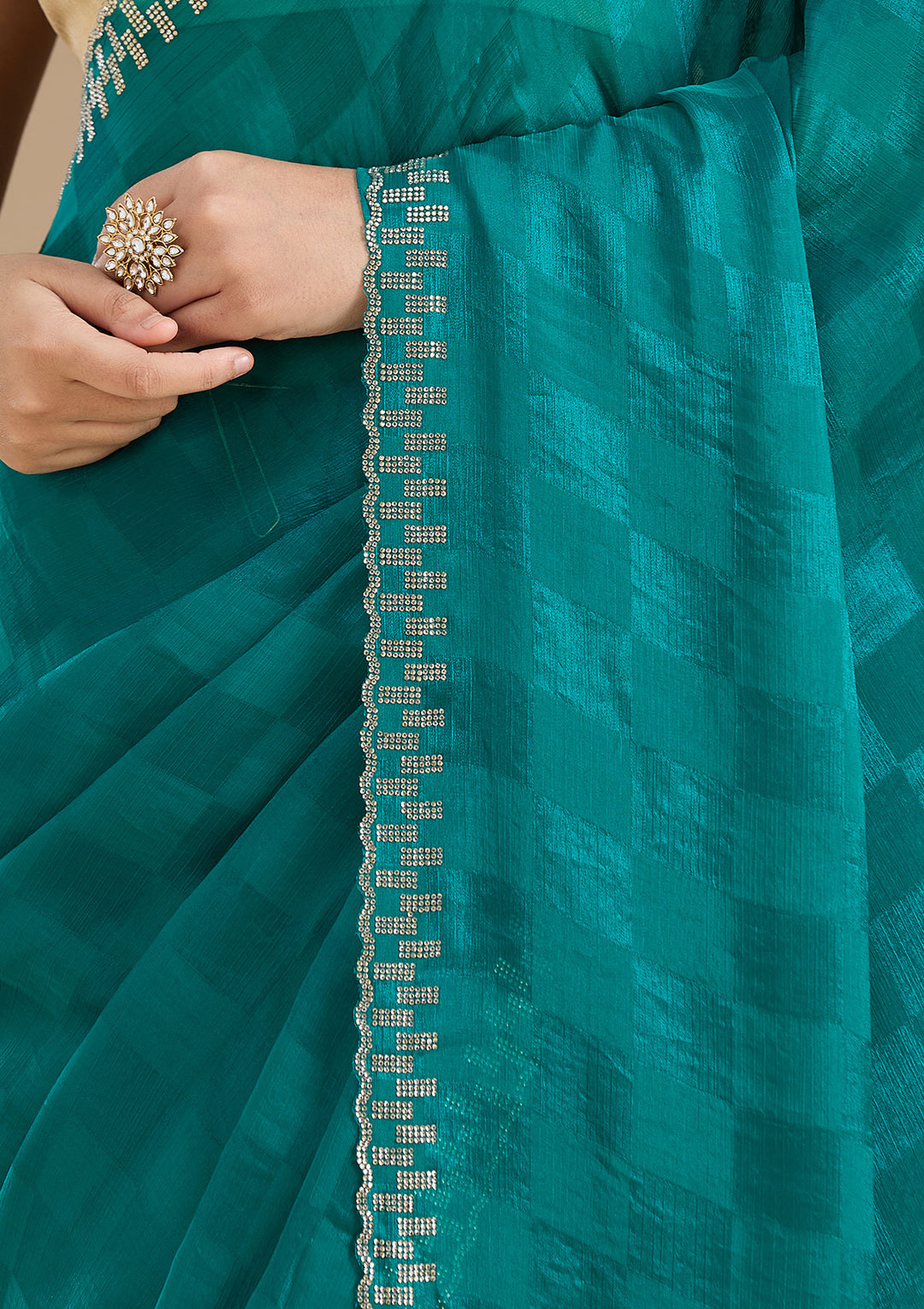 Rama Green Stonework (Gold) Tissue Saree