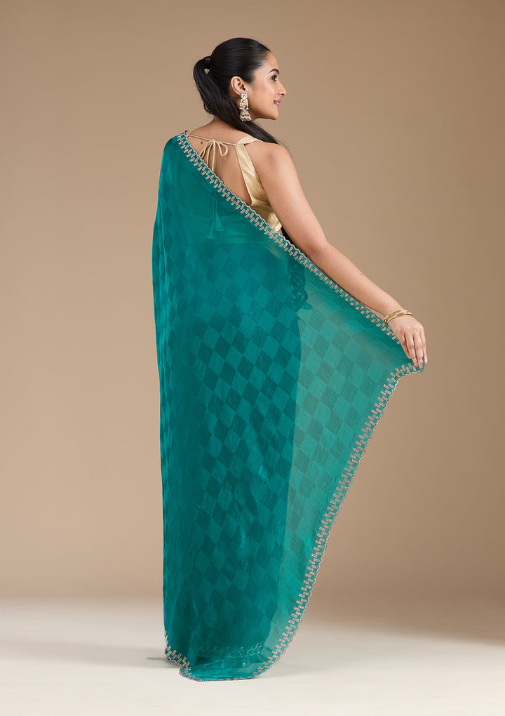 Rama Green Stonework (Gold) Tissue Saree