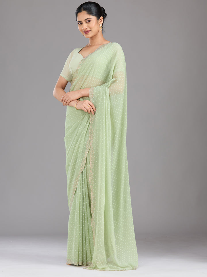 Pista Green Stonework (Silver) Chiffon Saree