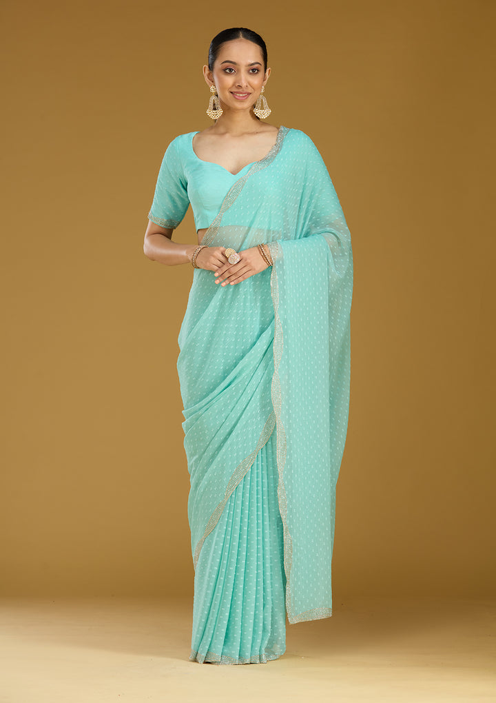 Sea Green Stonework (Silver) Chiffon Saree