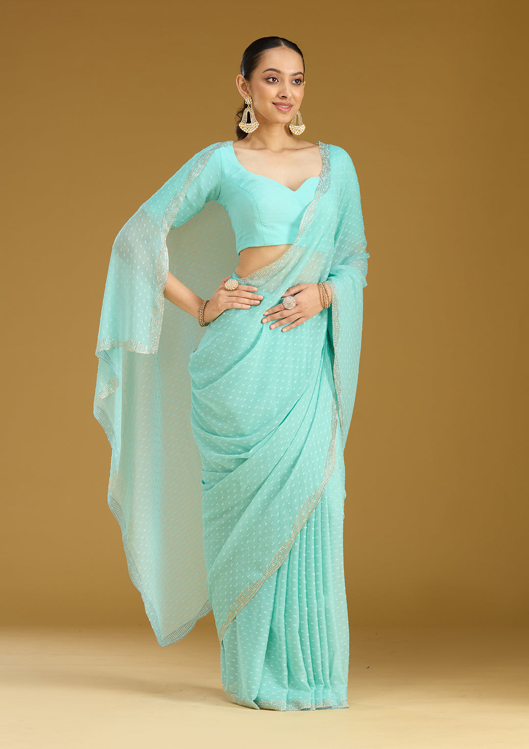 Sea Green Stonework (Silver) Chiffon Saree