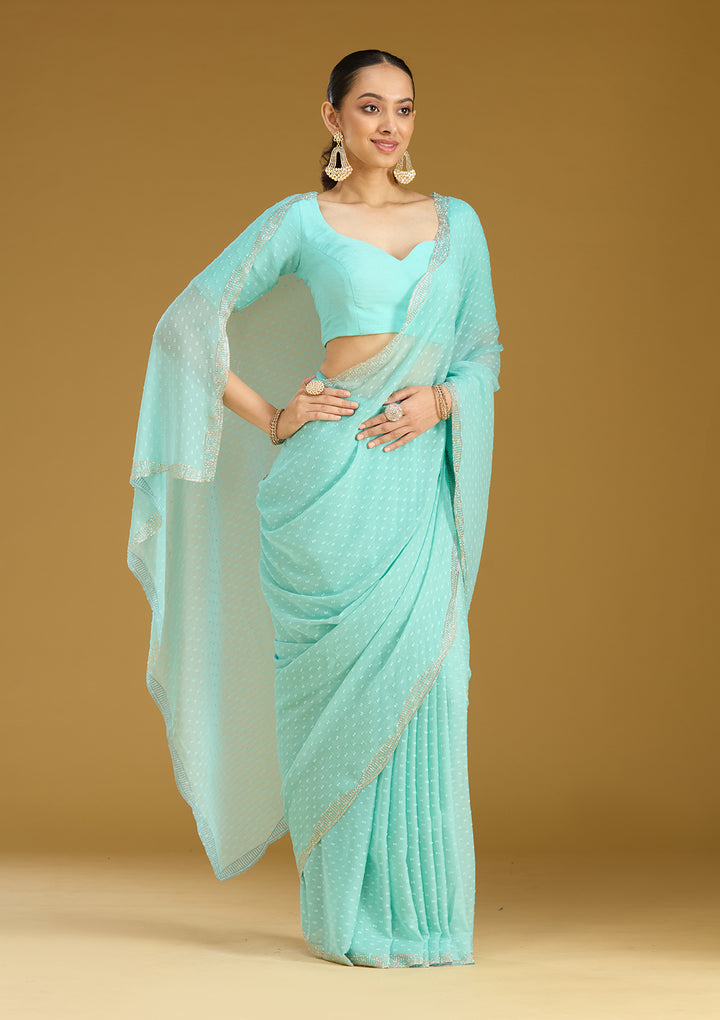 Sea Green Stonework (Silver) Chiffon Saree