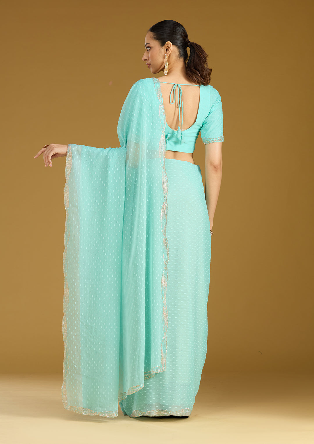 Sea Green Stonework (Silver) Chiffon Saree