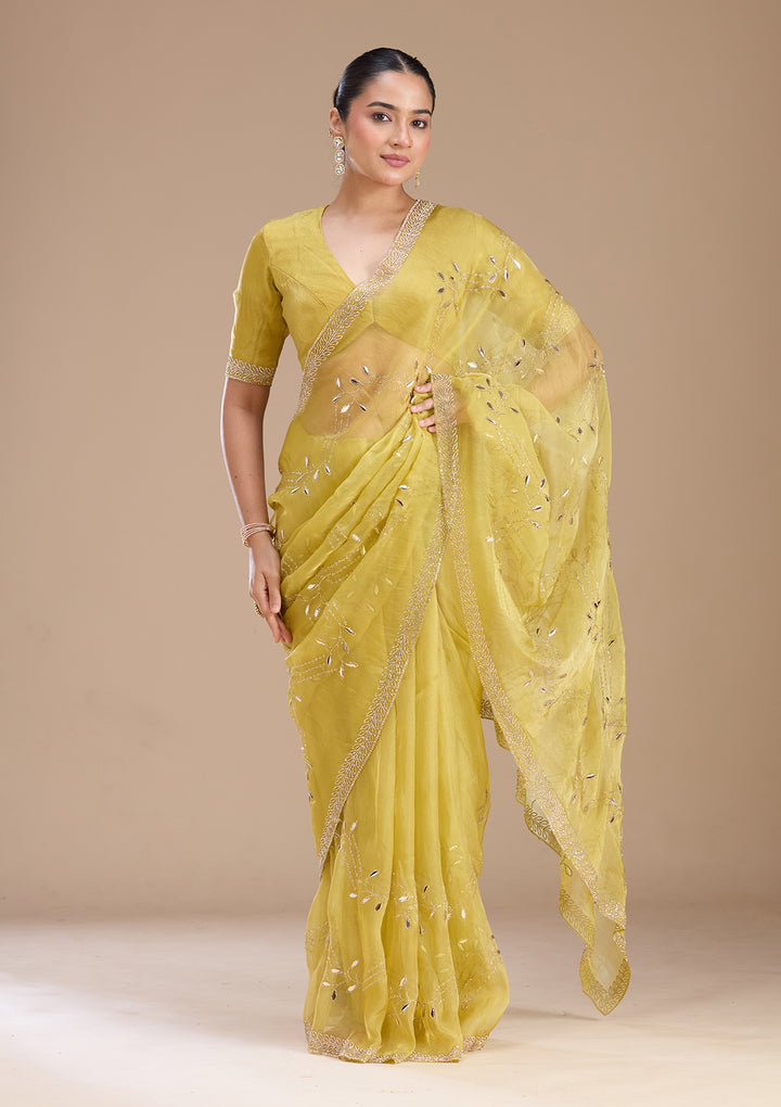 Lemon Yellow Stonework (Gold) Tissue Saree