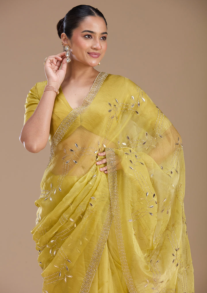 Lemon Yellow Stonework (Gold) Tissue Saree