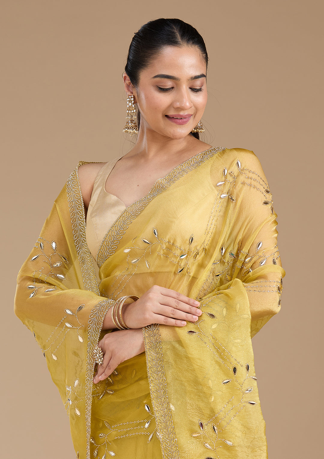 Lemon Yellow Stonework (Gold) Tissue Saree