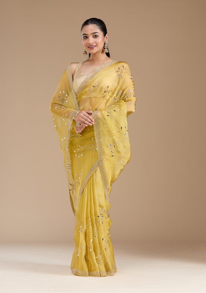Lemon Yellow Stonework (Gold) Tissue Saree