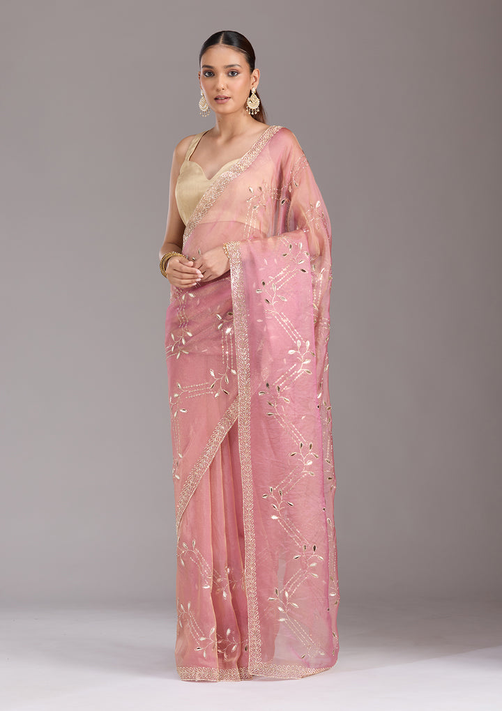Onion Pink Stonework (Gold) Tissue Saree