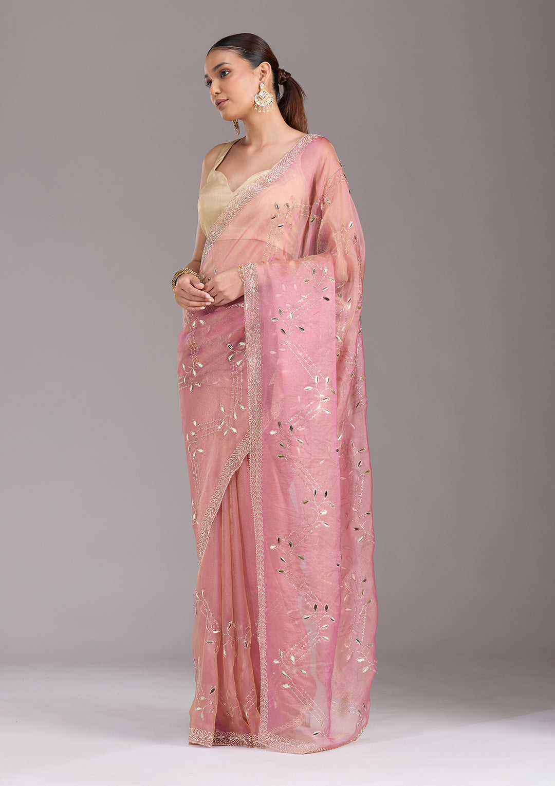 Onion Pink Stonework (Gold) Tissue Saree