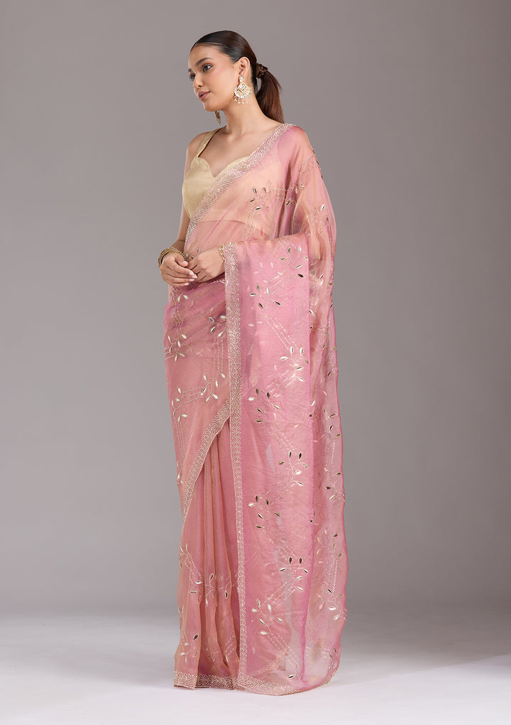 Onion Pink Stonework (Gold) Tissue Saree