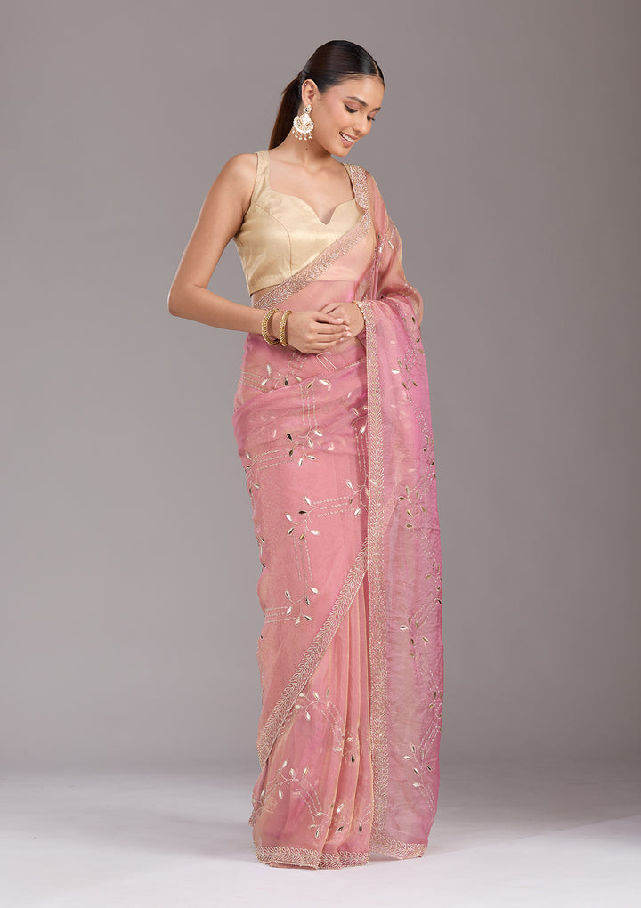 Onion Pink Stonework (Gold) Tissue Saree