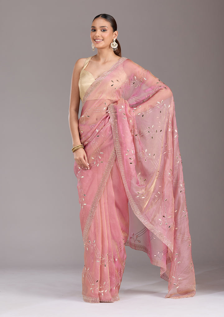 Onion Pink Stonework (Gold) Tissue Saree