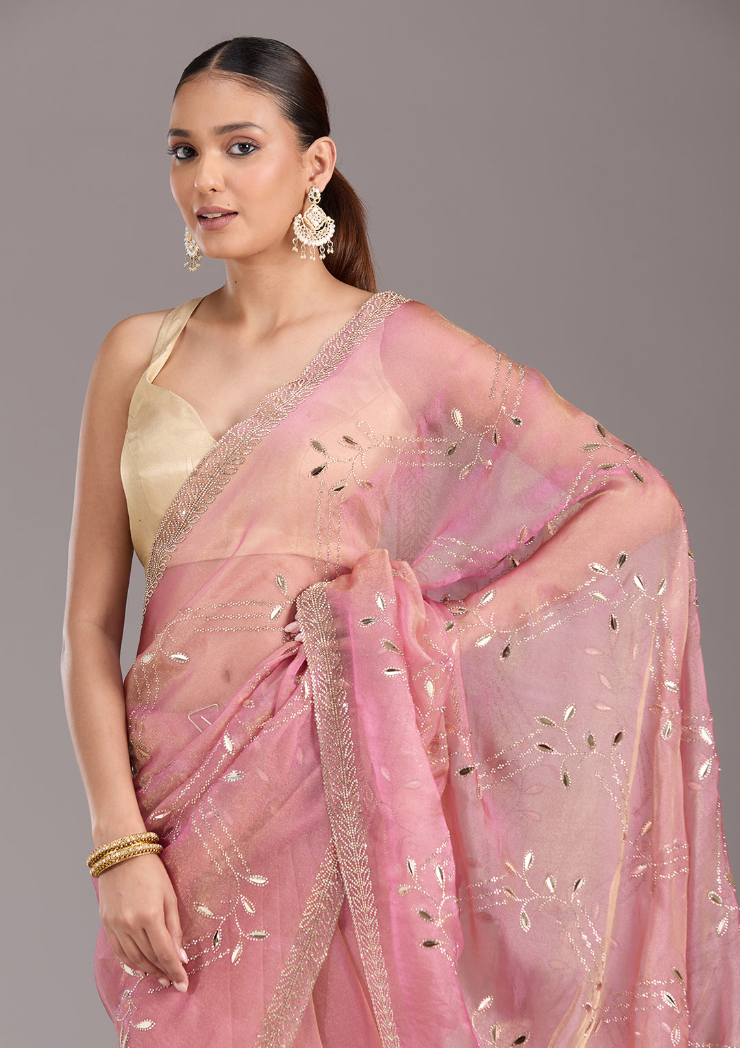 Onion Pink Stonework (Gold) Tissue Saree