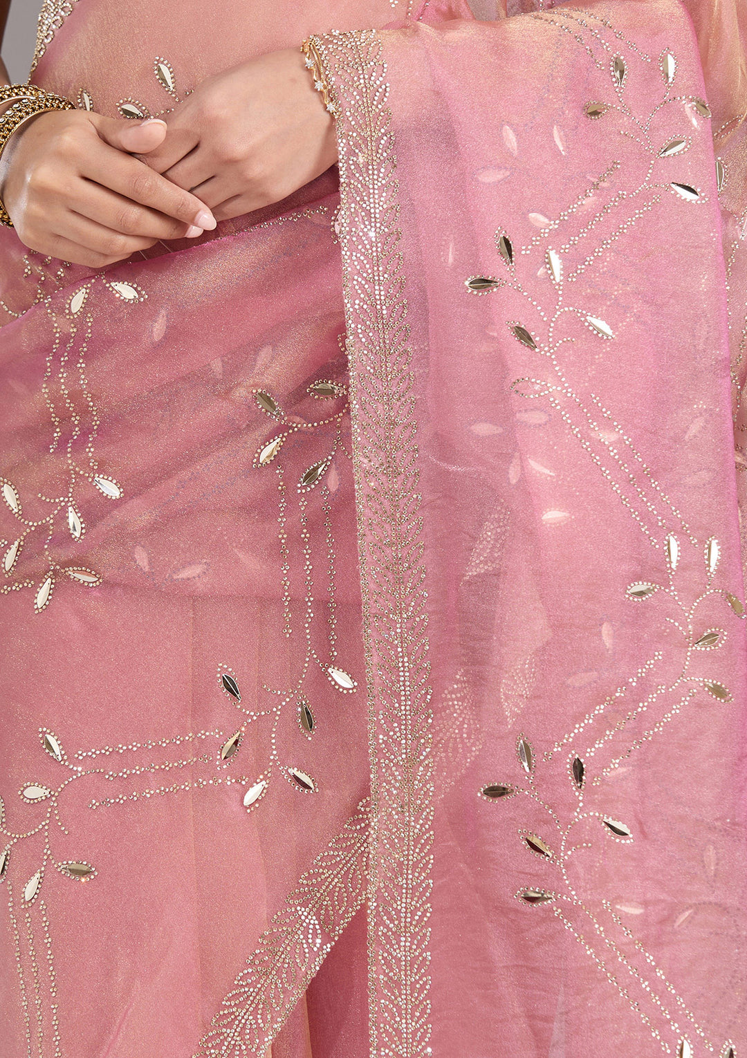 Onion Pink Stonework (Gold) Tissue Saree