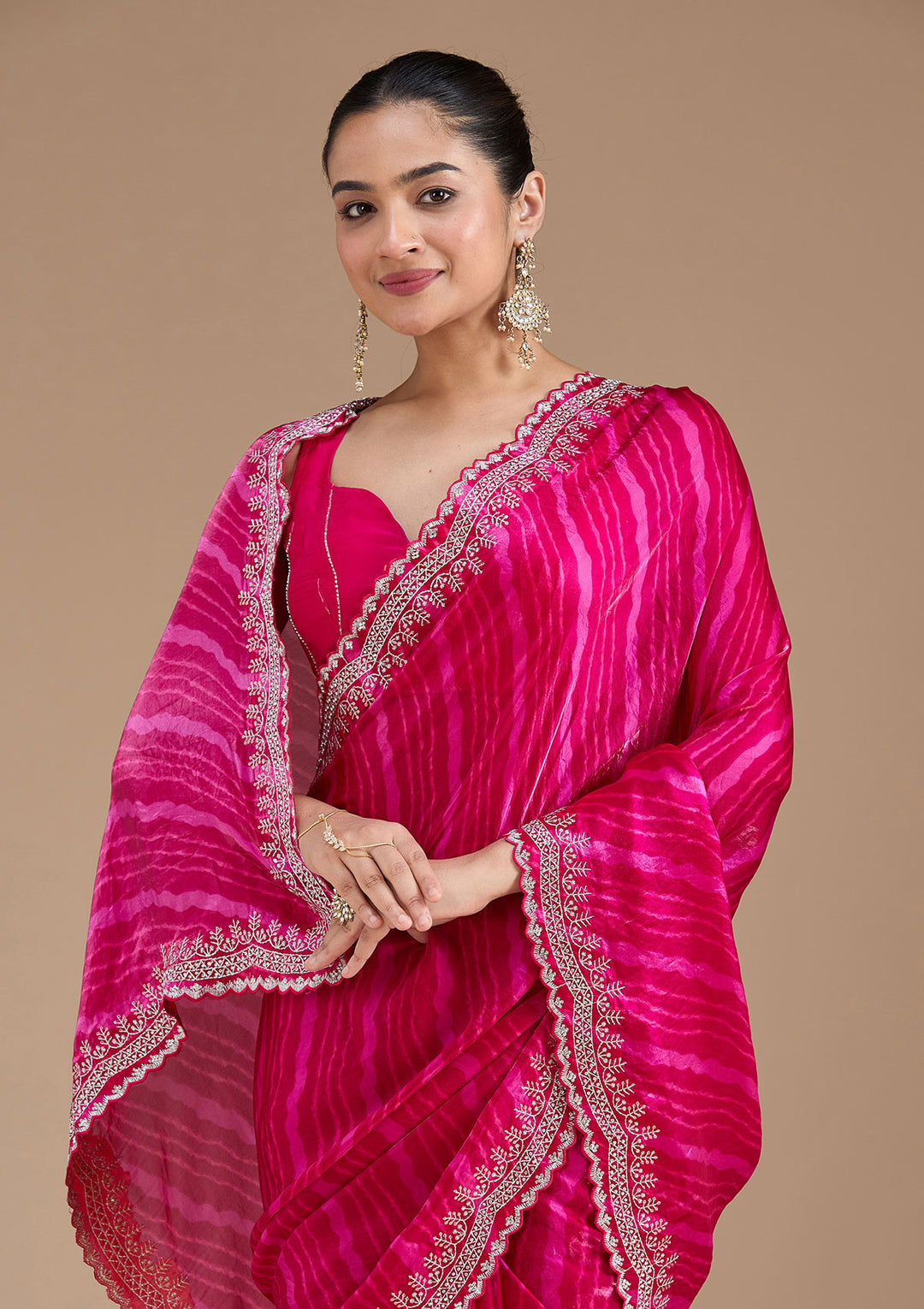 Rani Pink Zariwork (Silver) Organza Saree